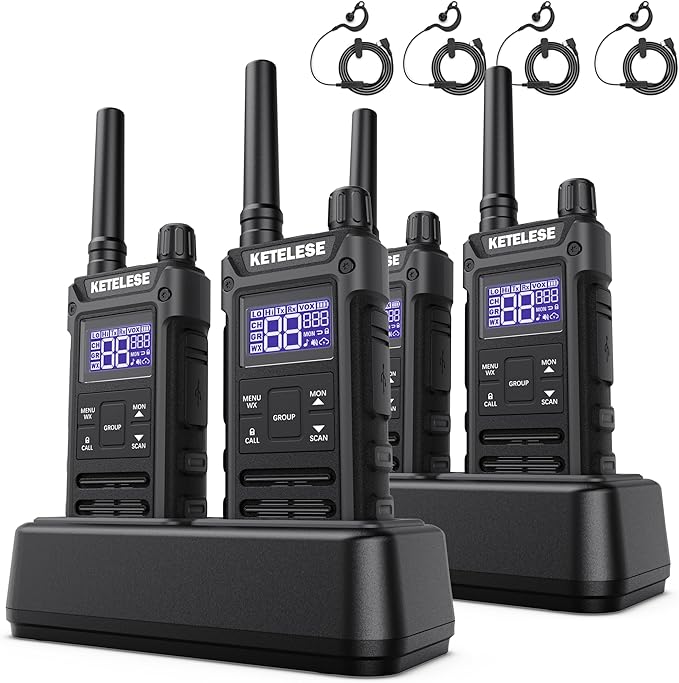 T3G IP67 Waterproof Walkie Talkies Rechargeable, Heavy Duty 2 Way Radios with Earpiece and Mic, Dock, USB, NOAA Weather Alert, Group PTT (4 Pack), Black/Grey