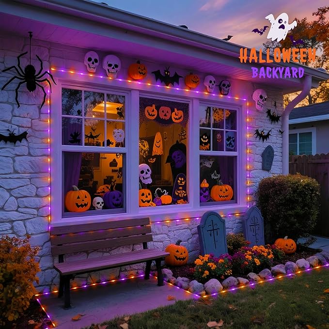 JMEXSUSS Orange Purple Halloween Solar Lights, 66 ft 200 LED Purple Rope Lights Outdoor Waterproof, Orange Christmas String Lights for Halloween Fall Party Tree Christmas