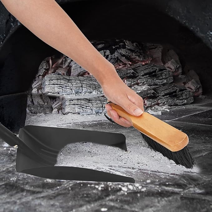 Fireplace Ash Shovel and Brush Set, Coal Shovel and Hearth Brush Set, Fireplace Tools Set Indoor Outdoor Rust Resistant Made of Natural Wood & Coco Bristles for Easy Cleaning