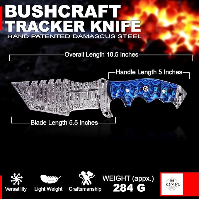 KIMPE 10.5’’ Damascus Hunting Knife with Leather Sheath-Fixed Blade EDC Knife-Bushcraft Knives-Wood Handle-Best Camping & Survival Knives-Knives for Men. (Pakka-Blue)