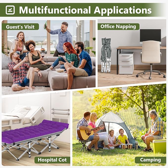 Slendor Folding Camping Cot with Mattress, 74" L x 28" W x 15" H Camp Cots for Adults, Portable Sleeping Cot Bed for Tent, Office, Travel, Max. 500lbs Load, Striated Gray Cot, Gray+Purple Pad