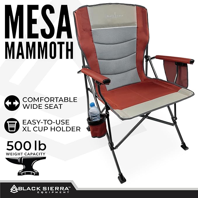 Black Sierra Oversized Camping Chair for Adults – Heavy Duty Folding Lawn & Beach Chair Supports 500 lbs, Hard Arms, Durable Steel Frame, Cup Holder, Portable Outdoor Seat for Tailgating or Patio