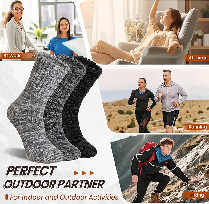 Eyean Merino Wool Socks Thermal Winter Ski Warm Thick Cozy Boot Hiking Socks for Women Men 3 Pairs