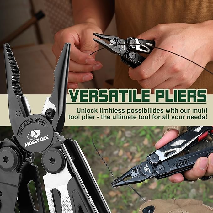 MOSSY OAK Multitool, 19-in-1 Stainless Steel Multi Tool Pliers, Survival Tools with Fire Starter, Window Breaker, Whistler, Self-locking EDC Gear with Sheath for Outdoor, Survival, Camping, Hiking