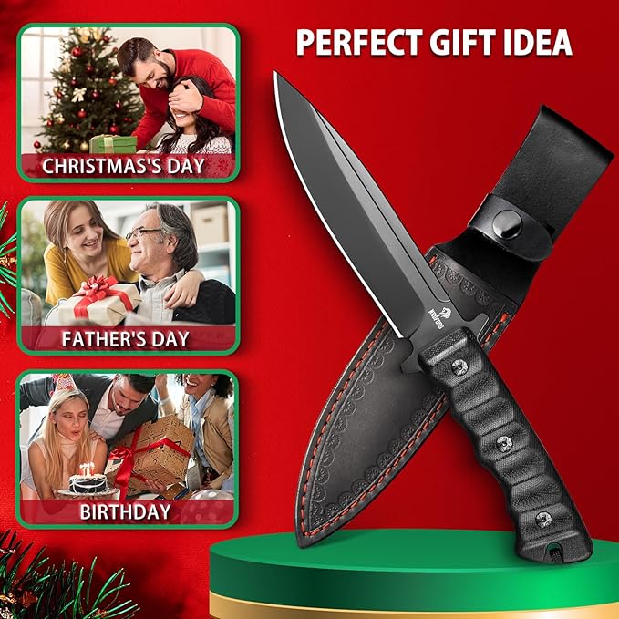 NedFoss BLACK PHOENIX Hunting Knife with Holster, 5.5" 8Cr14Mov Survival Fixed Blade Knife, G10 Handle, Bushcraft & Camping Gifts for Men