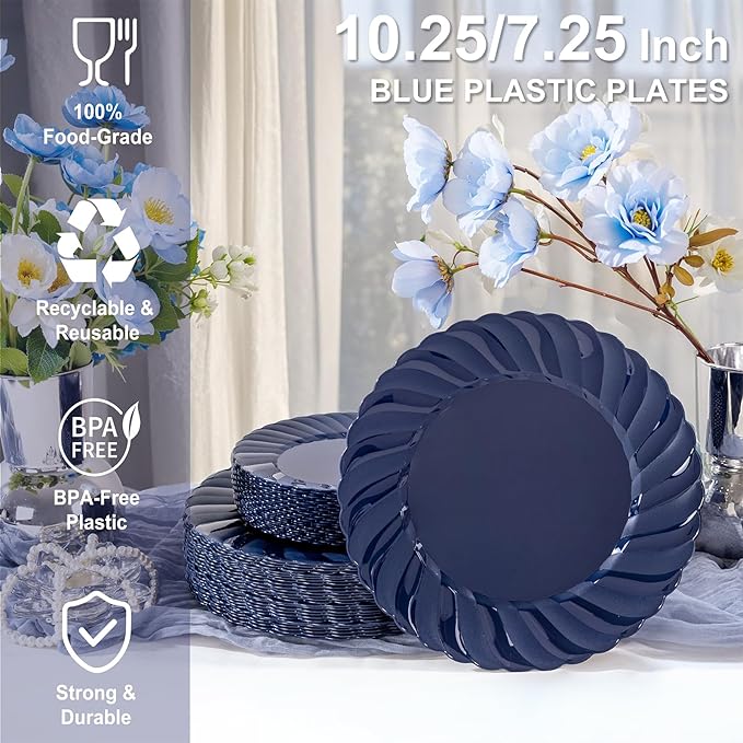 U-QE 60 Pcs Blue Plastic Plates for Party – Scalloped Blue Plates Disposable Heavy Duty – Include 30 10.25" Dinner & 30 7.25" Dessert Plate - Perfect for Birthday Parties, Baby Showers, and Weddings