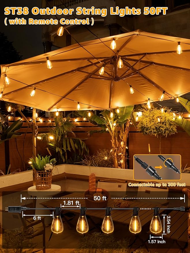 Outdoor String Lights Dimmable with Remote, 50 FT Outdoor Lights with 2 Timer and 3 Modes, Waterproof & Shatterproof Patio Lights, 2200K Energy Saving String Lights 2 Spare Bulbs for Patio Yard