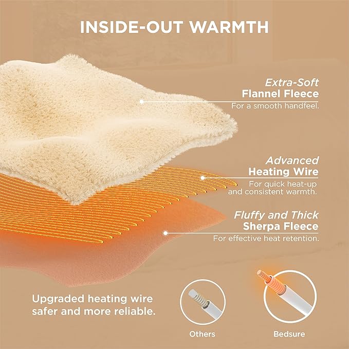 Bedsure Electric Blanket Queen Size - Dual Control Heated Blanket Queen, Fast Heating with 10 Time Settings & 10 Heat Settings, Warm Gift for Grandma (84x90 inches, Cream)