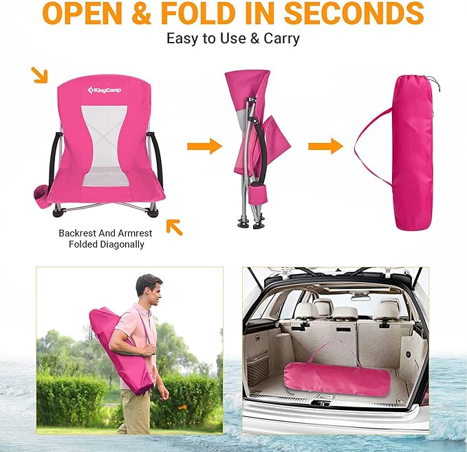 KingCamp Low Beach Chairs, Portable Folding Chair for Adults Extra Wide Ergonomic High Back Seat 300lbs Heavy Duty Lightweight Oversized Gear with Carry Bag for Outdoor Lawn Camping Picnic