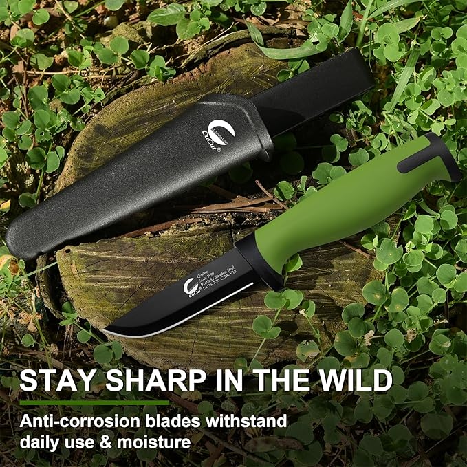 Survival Knife 2 pack, 3.5-inch Carbon Steel Blade, Black Non-Stick Finish with Hard Plastic Sheath to Belts, Soft TPR Handle Camping Knife for Outdoor, Survival, Fishing, Hiking