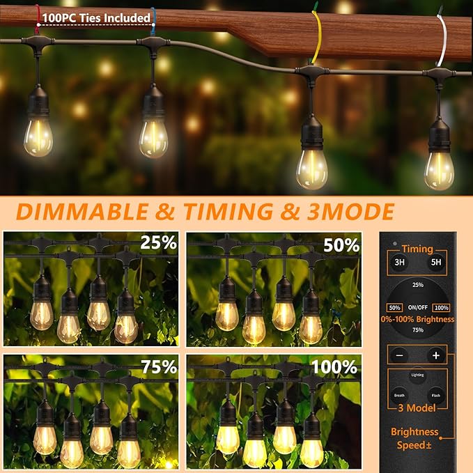 100FT LED Outdoor String Lights with 60+4 Waterproof Bulbs(๐.๐๐
๐ ๐๐ฎ๐ฅ๐๐ฅ๐ฌ ๐๐ฉ๐๐๐ข๐ง๐ ), Remote & Dimmer, Commercial Grade Patio Lights with 3 Mode Light & Timing, 100PC Ties