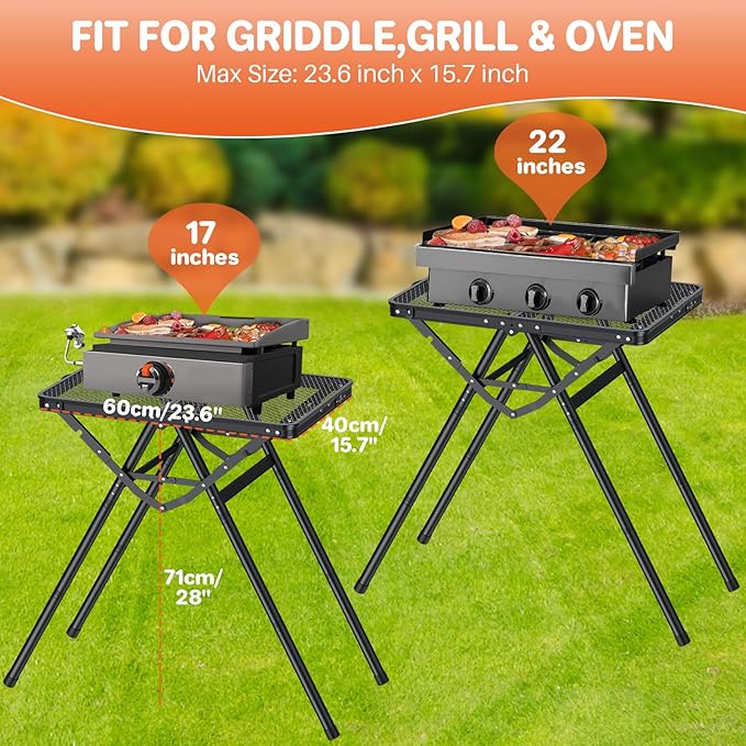 FUNYKICH Folding Grill Tables for Outside(23.62"x15.75"), Max Height 28'' Portable Metal Camping Tables for grill, Fit 17” or 22” Other Tabletop Grill with Portable Handle for Camping Backyard BBQ