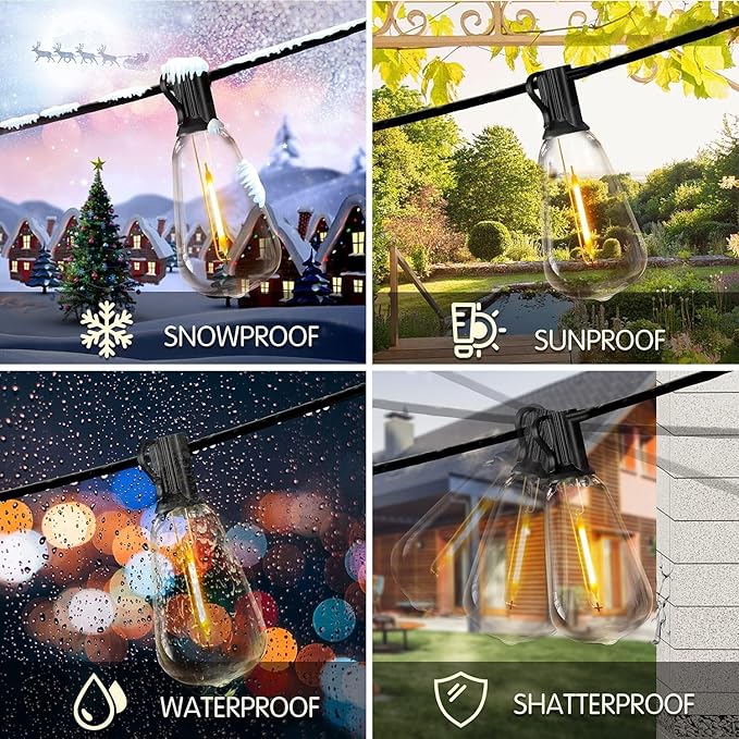 DAYBETTER Extra Long 150ft Outdoor String Lights 50 Shatterproof 2200K ST38 Bulbs Commercial Grade Waterproof String Lights for Outside Garden, Patio, Wedding & Landscape-Warm White LED Lighting
