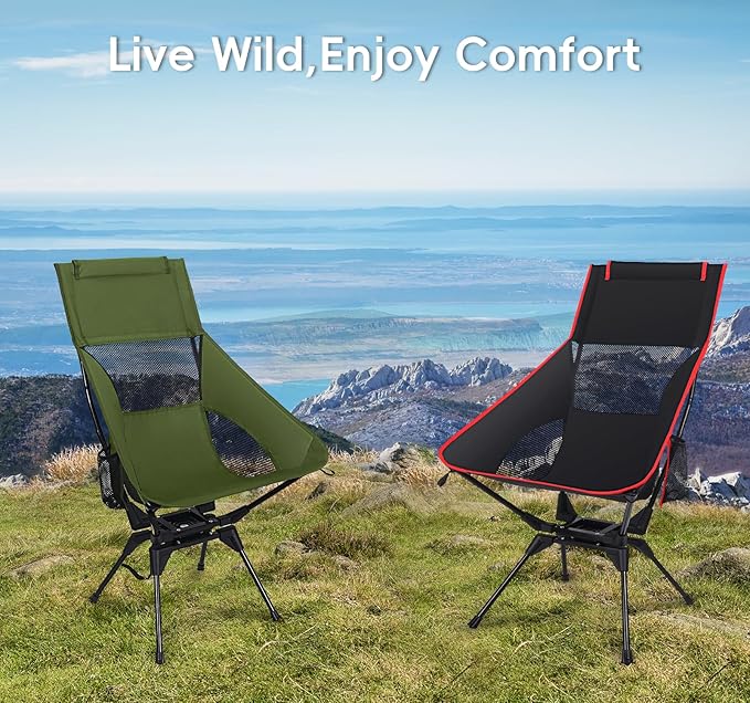 Swivel Folding Chair, High Back Camping Chair with Head Support, Side Cup Pocket, Stable Portable Outdoor Chair for Camp, Travel, Beach, Party, Fishing (Green)