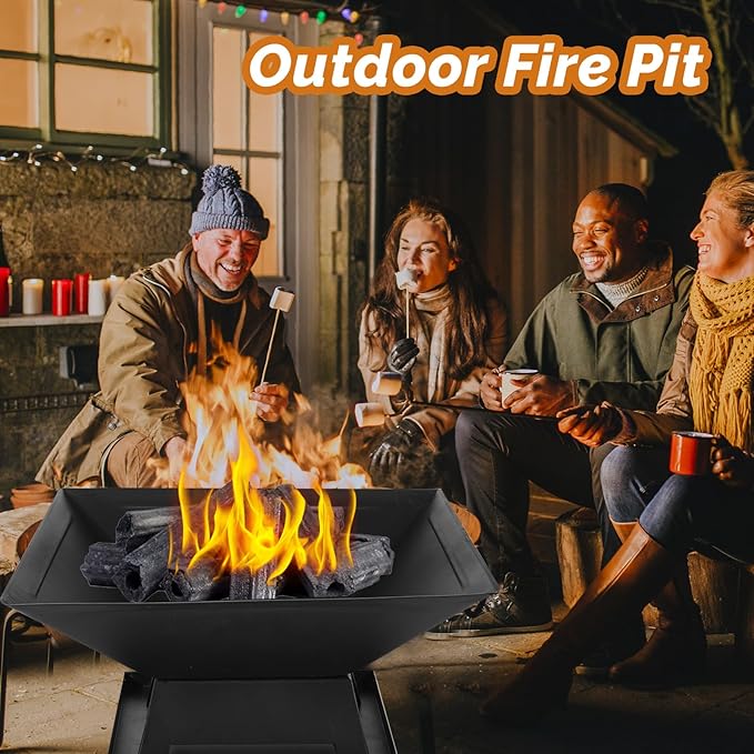 Small Fire Pit for Outside Wood Burning,Fire Bowls with Firproof Mat, Backyard Black Square Ourdoor Bonfire Pit with Waterproof Cover for Outside Patio Camping (Black, 22 INCH)