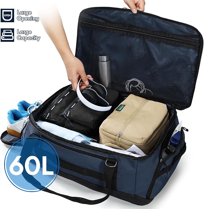 Haimont 60L Large Duffel Bag Backpack for Men Women, Travel Bag with Shoes Compartment, Convertible Duffel Backpack, Sports, Camping, Overnight, Water-Resistant, Navy Blue