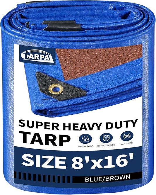 TARPAL 8x16ft Waterproof Heavy Duty Tarp 16Mil Thick with Metal Grommets Every 17.7" Large Multipurpose Tarp Tear-Resistant UV Protection Covers Roof, Pool,Car,Firewood&Outdoor Furniture(Blue/Brown)