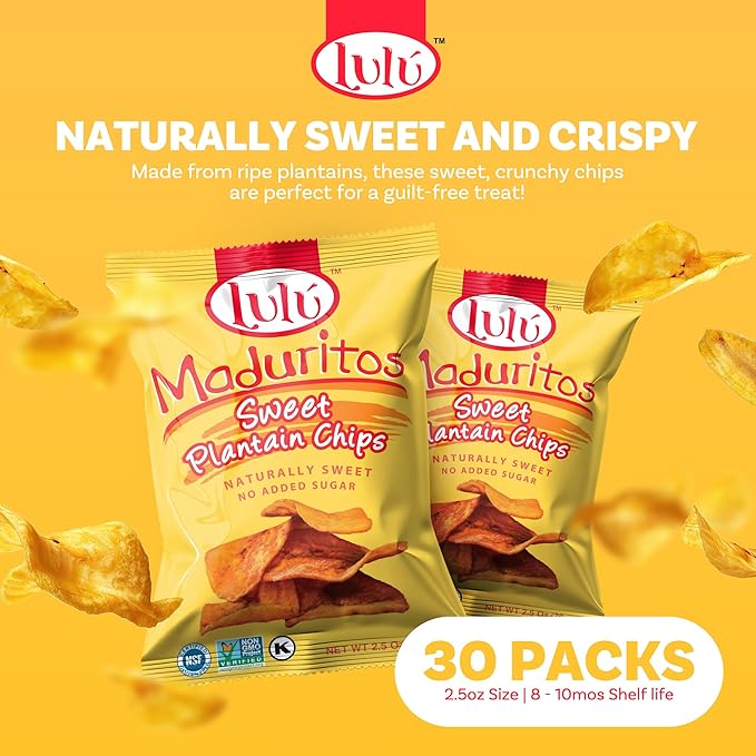 LULU Plantain Chips - Maduritos Sweet Plantain Chips, 30 Individual Bags (2.5 Oz Each) - Crunchy, Delicious, Gluten-Free Healthy Snacks - No Preservatives or Artificial Colors, Sustainably Sourced