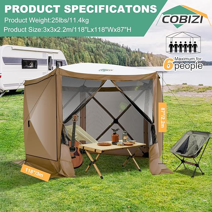 COBIZI 10x10ft Pop up Gazebo Screen House Tent for Camping, Pop-up Camping Canopy with Sidewalls,Portable Outdoor Quick-Set Hub Tent with Carrying Bag&Ground Stakes,Brown(Upgraded 2.0)