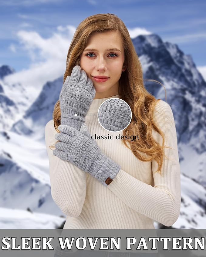 REACH STAR 2 Pairs Winter Gloves for Women - Upgraded Touch Screen Warm Knit Gloves Cold Weather, Soft Fleece Lining Elastic