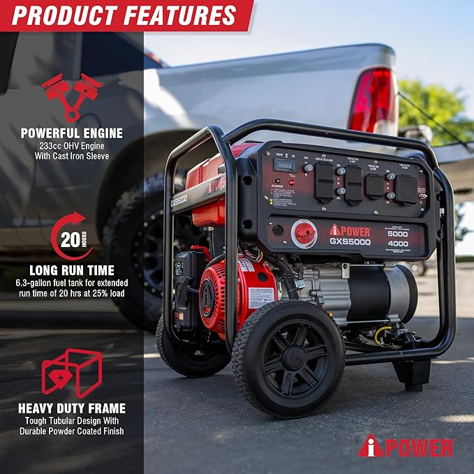 A-iPower 5000-Watt Portable Generator Gas Powered, CO Sensor Shutdown, Heavy Duty Generators with 223cc OHV Engine For Jobsite, RV, Home Backup, Emergency (GXS5000)