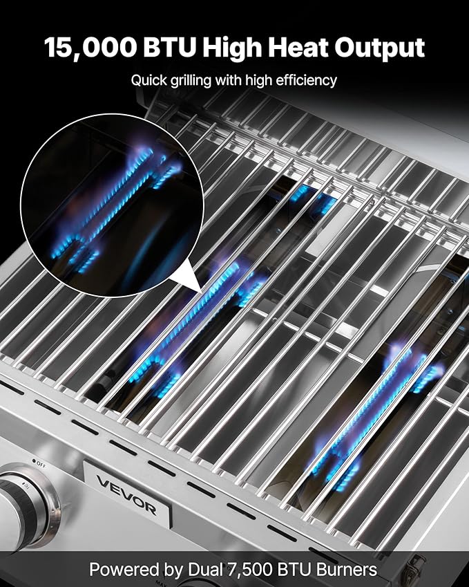 VEVOR Tabletop Gas Grill, 2-Burner Stainless Steel Portable Propane Grill, with Built-in Thermometer, Travel Locks, Weatherproof Lid, 15,000 BTU Total, for Outdoor Cooking, Patio, Party, Camping, RV