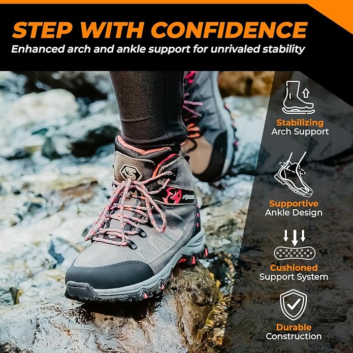 Foxelli Women’s Hiking Boots - Waterproof Lightweight & Breathable Suede Leather