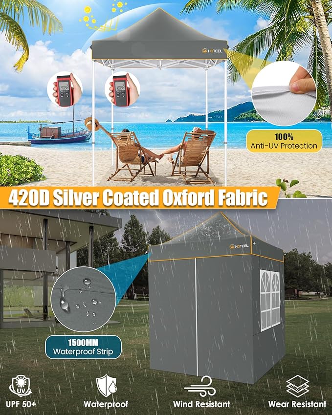 HOTEEL 6.6x6.6 Heavy Duty Pop Up Canopy Tent for Parties Event Wedding Commercial Instant Canopy with Carry Bag, Party Tent Waterproof UV 50+, Upgraded Thick Hexagonal Legs,Gray