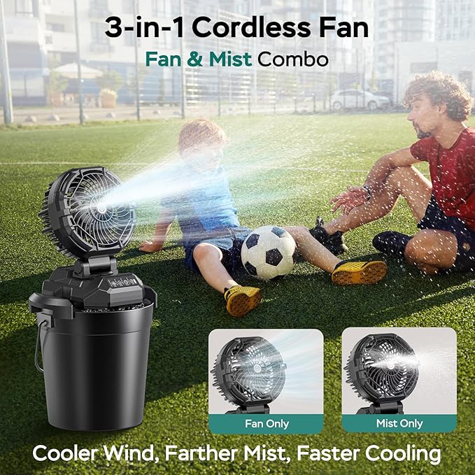 Portable Misting Fan for Outdoors Patios - 30000mAh Rechargeable Battery Powered Camping Fan, 4 Spray Mister with Timer, Fits 10-13" Bucket, 4 Speed, 90° Auto Oscillation for Garden Sports Travel Golf