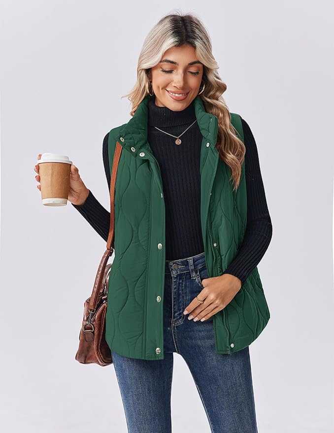Zeagoo Puffer Vest Women Sleeveless Quilted Jacket Lightweight Snap Zip Up Stand-up Collar Down with Pockets Outerwear