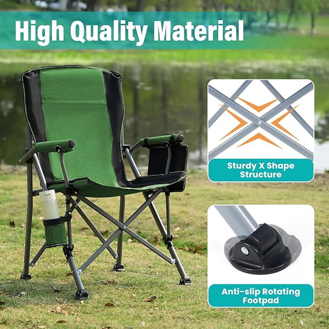 Folding Camping Chair Portable Outdoor Beach Chair, Heavy Duty Foldable Lawn chair Support 330lbs, Collapsible Lightweight Camp Chair with Cup Holder&Carry Bag for Fishing Outside Sports Picnic(Green)