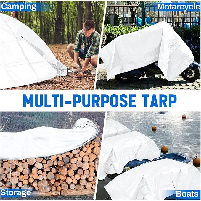 8 Pack 6 x 8 ft 5.5 Mil Large Tarps Heavy Duty Waterproof Tarp Multi Purpose Tent Cover for Home Boats Cars Camping Patio Furniture Roof Emergency Rain Protective Cover, White