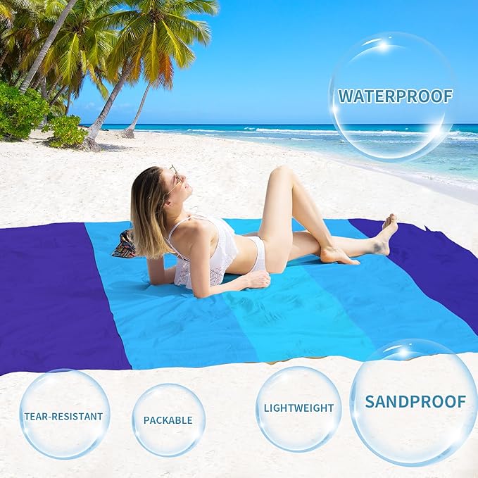 BYDOLL Beach Blanket Waterproof Sandproof 78''ร81'' Suits1-4 Adults Compact Lightweight Oversized Sand-Free Blanket Large Picnic Mat for Beach Travel Camping Hiking