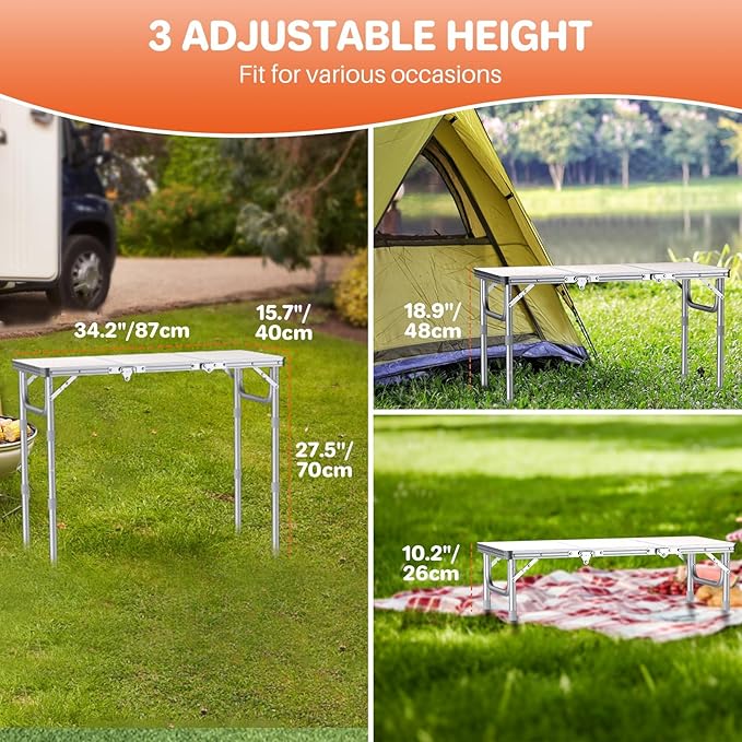 FUNYKICH 3ft Folding Camping Table with 3 Adjustable Height, 34.2'' Lx15.7'' W Portable Picnic Tables, Lightweight Aluminum Outdoor Table with Carry Handle for Camping, Backyard Party, Picnic, Beach