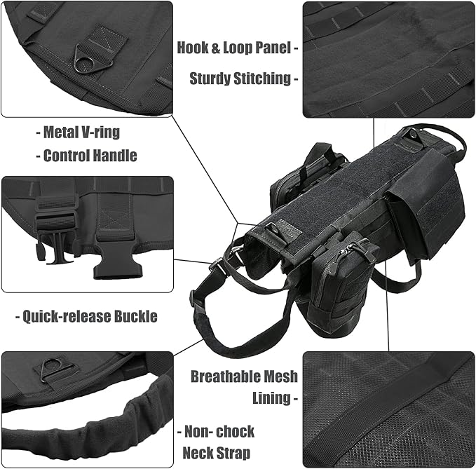 AIWAI Tactical Dog Harness with Pouches,Dog Vest Harness for Large Medium Dogs No-Pull Adjustable Military Dog Harness with Handle Walking Hiking Training (Black(with Leash), XL)