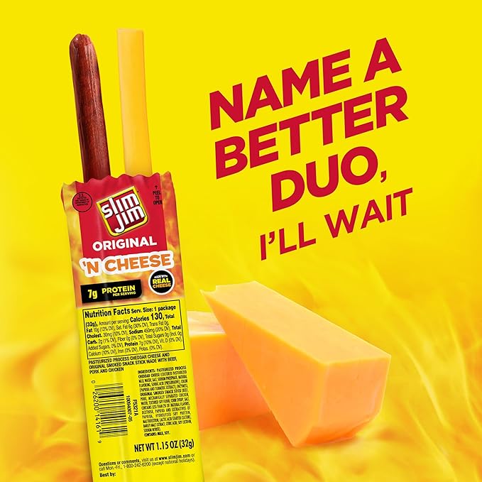 Slim Jim Beef 'N Cheese Smoked Meat Sticks, Original Flavor, 7g Protein Per Serving, 1.15 oz. (14 Count)