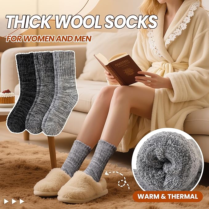 Eyean Merino Wool Socks Thermal Winter Ski Warm Thick Cozy Boot Hiking Socks for Women Men 3 Pairs