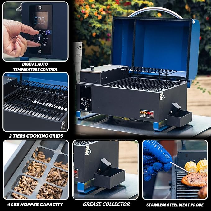 Onlyfire BBQ Wood Pellet Grill Smoker with Digital Control, LED Screen, Meat Probe & 2 Tiers Cooking Area, Portable Tabletop Grilling Stove for BBQ, Smoke, Bake and Roast, RV Camping, Blue