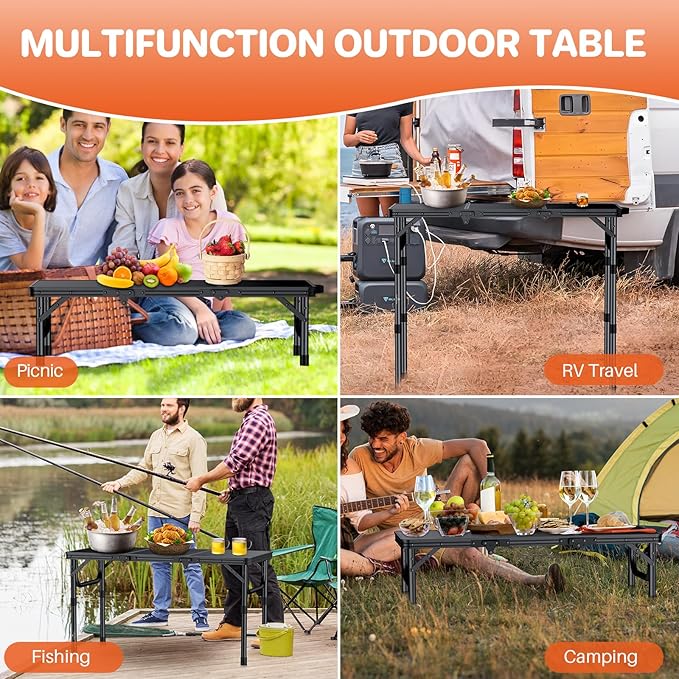 FUNYKICH 3ft Camping Folding Table with 3 Adjustable Height, Portable Small Folding Tables 34.2'' Lx15.7'' W, Lightweight Aluminum Beach Table with Carry Handle for Camping, Backyard Party, Picnic