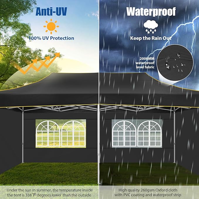 HOTEEL 10x20 Pop up Canopy Tent for Parties, Heavy Duty Easy Setup Tent with 4 Sidewalls, Outdoor Commercial Instant Gazebo for Wedding Event, with Roller Bag & Sand Bags, Black(Hexagonal Frame)
