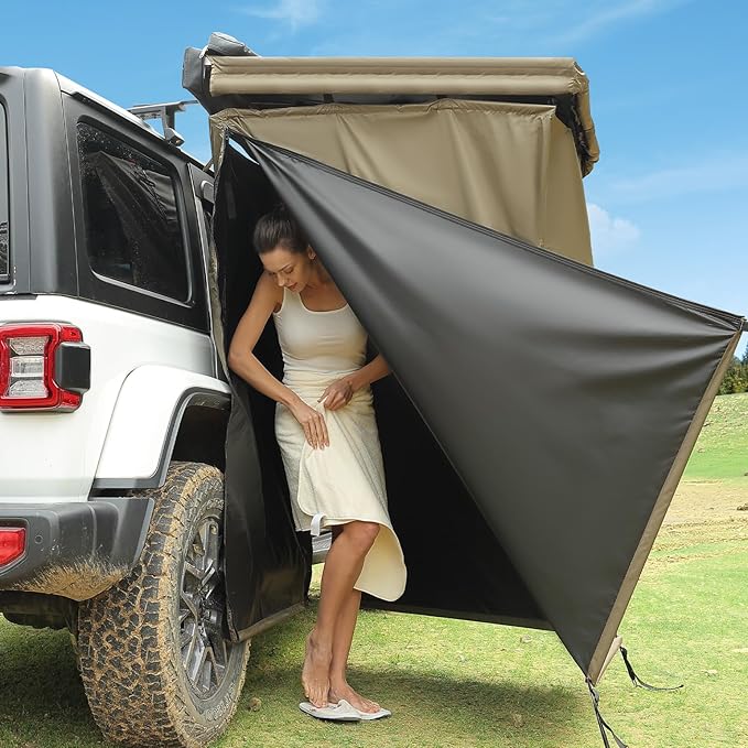 JOYTUTUS Car Shower Tent with Roof, Full Privacy Protection, Dry and Wet Separation Zones and Pockets, 1000D Waterproof Awning Shower Tent, Heavy-Duty Stakes, Outdoor Shower for Overland SUVs