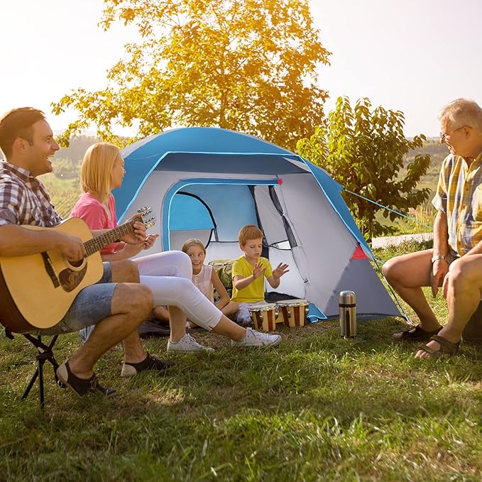 Camping Tent 4 Person Dome Tents, Easy Set Up Waterproof Tent with Carry Bag, Mesh Door, Portable Family Tent with Rainfly for for Traveling and Family Hiking, Blue
