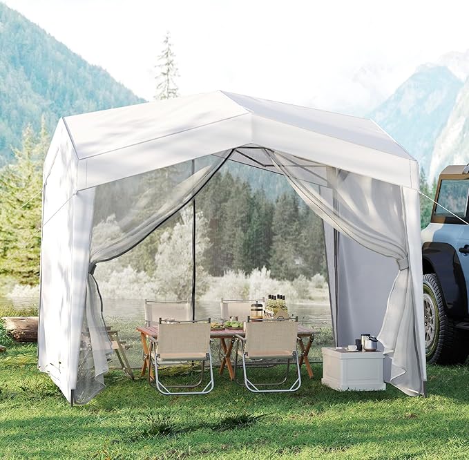 Tangkula 10x10Ft Pop up Canopy with Sidewalls, UPF50+ Portable Outdoor Screen Tent with Mesh Netting, Wheeled Bag, 8 Stakes, 4 Wind Ropes, Easy Set-Up Canopy Tent for Beach Party Event Camping (White)