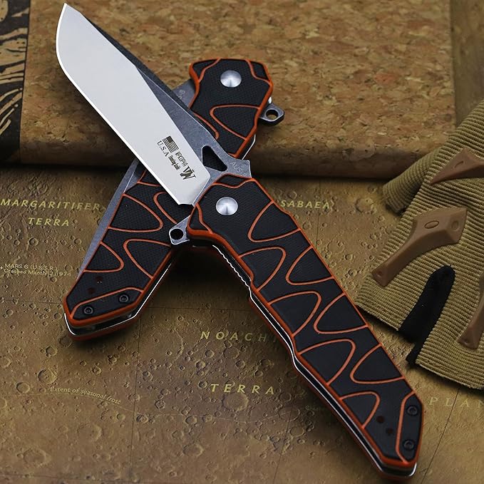 8.4in Folding Knife AUS-8 Steel Blade, G10 Handle with Anti-Slip Texture, Ball Bearing Pivot, Stonewashed Finish, EDC Pocket Knife for Camping, Hiking, Survival (AUS-8 (G10 black/orange))