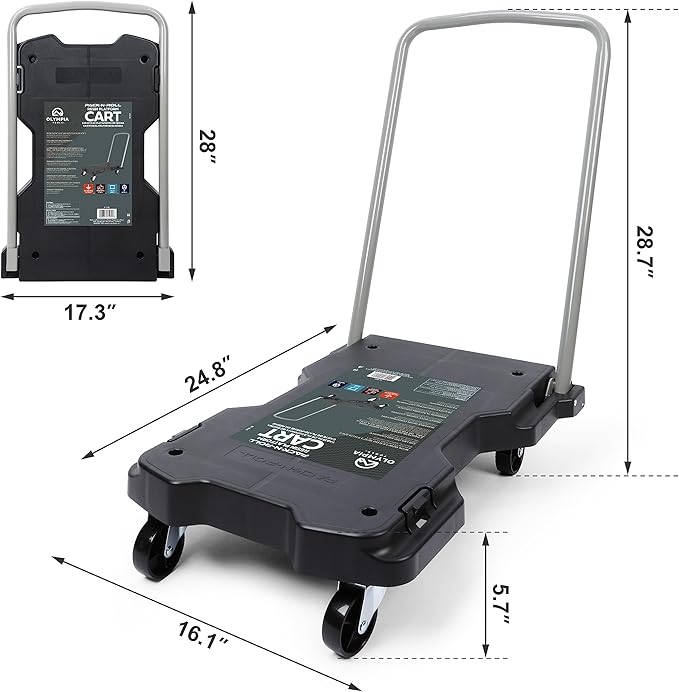 Olympia Tools Fully Folded Resin Push Cart Dolly - 330 Lb. Loading Capacity Foldable Moving Platform Cart Hand Truck - Black Collapsible Heavy Duty Folding & Rolling Flatbed Cart with 4 Swivel Wheels