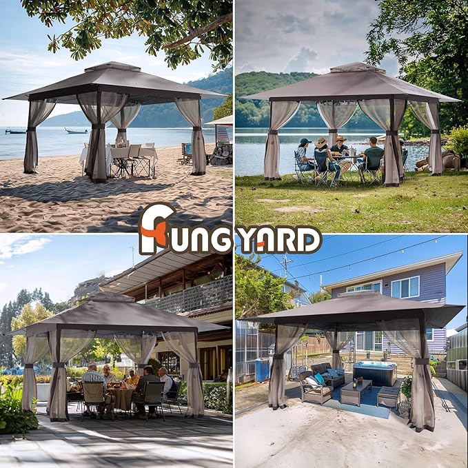 13x13 Outdoor Patio Gazebo with Mosquito Nettings - Double Roof Pop Up Canopy Tent with Wheeled Carry Bag, for Backyard Deck Lawns Garden (Brown, 13x13)