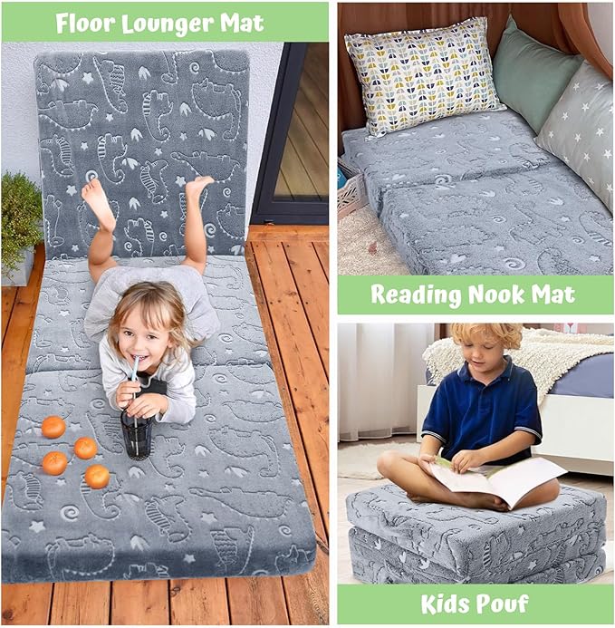 MeMoreCool Glow Dinosaur Foldable Floor Mattress for Kids, Trifold Nap Mat for Toddlers, Portable Daycare Sleeping Futon or Floor Bed, 63x26 Inch