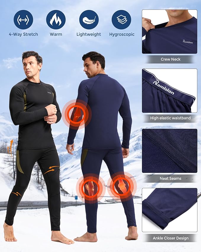 romision 2 Pack Thermal Underwear for Men Long Johns Fleece Lined Hunting Gear Bottom Top Set Base Layer Cold Weather XS-4XL