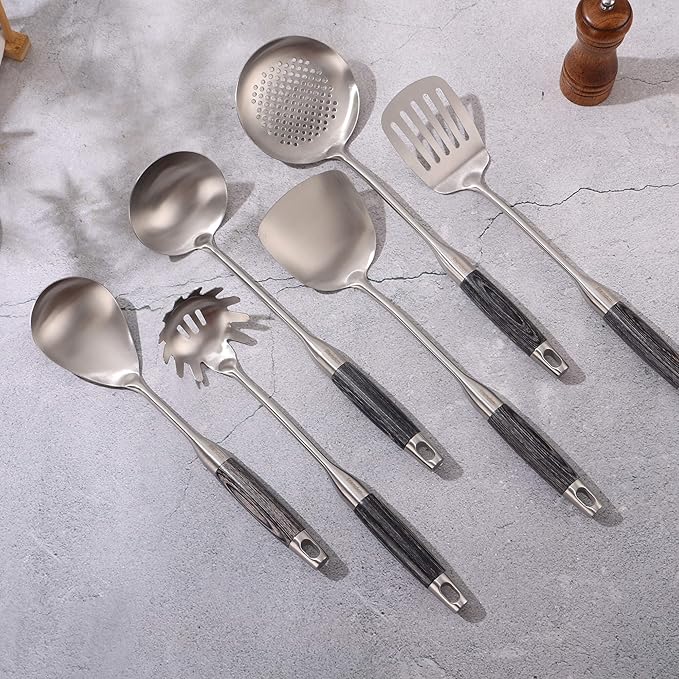 18/10 Stainless Steel Kitchen Utensils Set with Wooden Handle, 8Pcs 15” Long Cooking Utensil Set & Kitchen Gadgets Cookware Set, Serving Utensils-Spatula, Turner, Pasta, Serving Spoon, Skimmer, Ladle