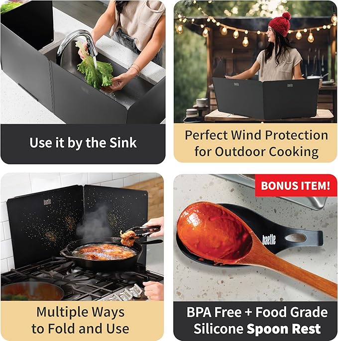 Foldable, Large 4-Sided Grease Splatter Guard, Stainless Steel Oil Splash Shield for Stove Top, Frying & Cooking, Nonstick Stove Splash Guard with Silicone Spoon Rest - Large with 4 panels
